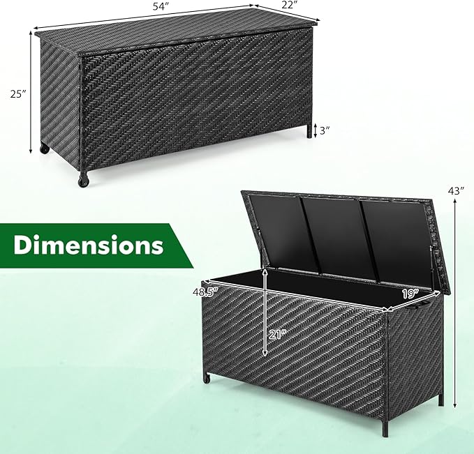 Tangkula Tightly-Woven Rattan Deck Box, Patiojoy Storage Cabinet Container with Polyester Liner, Universal Wheels & Gas Strut, 85 Gallon Indoor Outdoor Storage Box for Pillows, Cushions (Black)