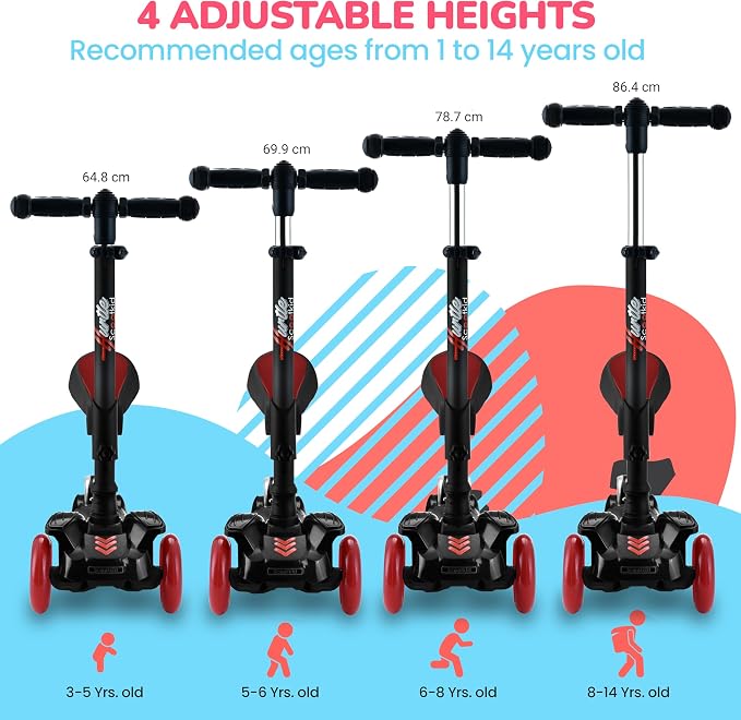 Hurtle 3-Wheeled Scooter for Kids - Wheel LED Lights, Adjustable Lean-to-Steer Handlebar, and Foldable Seat - Sit or Stand Ride with Brake for Boys and Girls Ages 1-14 Years Old