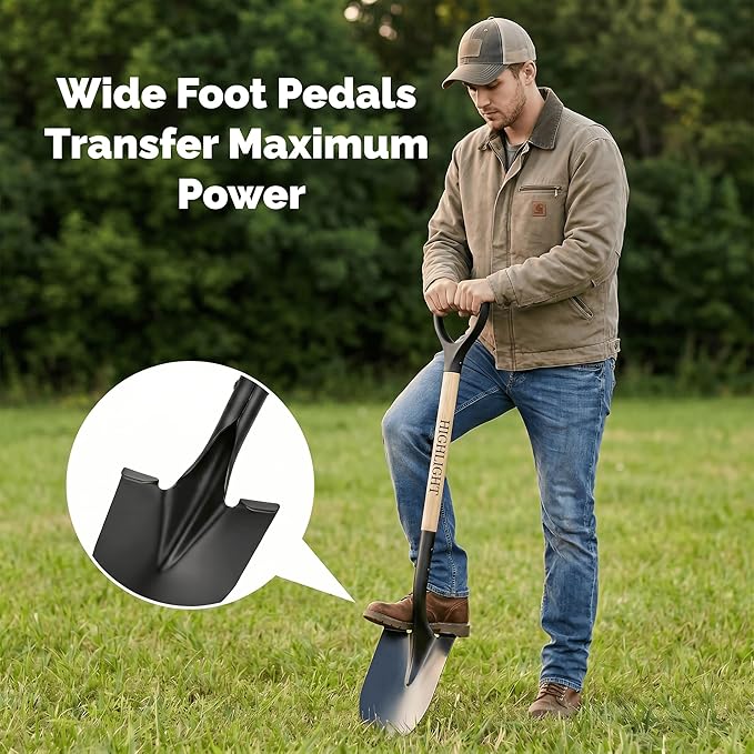 Heavy Duty Garden Shovel for Digging, 41 Inch Round Point with D-Handle, Cold Rolled Steel Blade - for Edging, Trenching, Transplanting, Snow Removal - Wood Handle for Camping, Beach, Car Emergency
