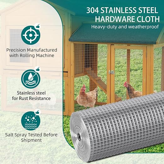 304 Stainless Steel Hardware Cloth Wire Mesh Roll, 1/2 inch 20 Gauge Welded Fence for Garden Protection, Chicken Coop, Squirrel Barrier, Animal Enclosure, DIY Projects (24in×49ft)