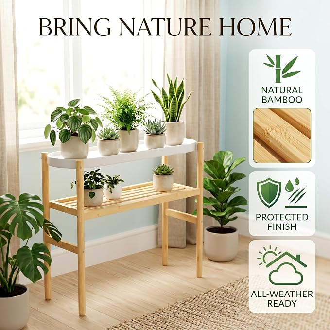 APRTAT Bamboo Plant Stand Indoor, 2 Tier Tall Plant Storage Stand Table Top for Multiple Plants, Window Plant Shelf Table Plant Rack for Balcony Garden Living Room Indoor Outdoor Home 2-Tier-8 Pot-Nature
