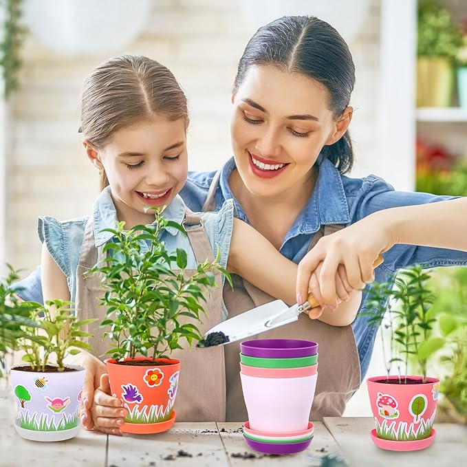 Domensi 30 Pack Garden Pot Craft Kit 4 Inch DIY Spring Crafts for Kids Bulk Plastic Flower Plant Pot Plastic Planter with Tray Drainage Holes with Tag, Certificate of Award, Sticker (Multicolor)