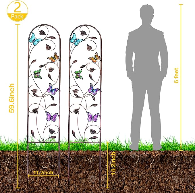 aboxoo Set of 2 Packs Butterfly Metal Garden Trellis for Climbing Plants,Outdoor Decorative Flowers Arch Fence Trellis for Outdoor Patio,Garden,Lawn,Yard,Backyard,Wall Brackets,60'' H x 11'' W