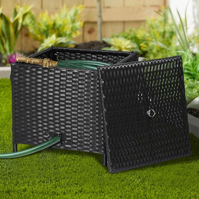 Decorative Garden Hose Storage Box with Lid, Weather Resistant Handwoven PE Rattan Water Hose Holder, Storage For Garden Tools, 200FT 5/8'' Hose Capacity