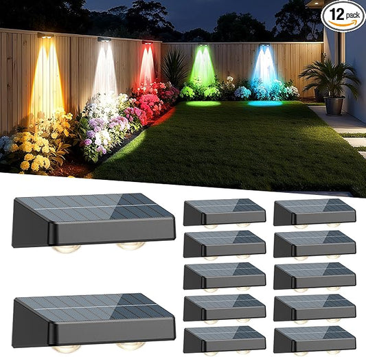Fence Solar Lights, Solar Fence Lights Outdoor Waterproof Led Warm/Cool White and RGB Colors Changing Outside Wall Lights for Yard Garage Backyard Railing Step Patio Pool - 12Pack