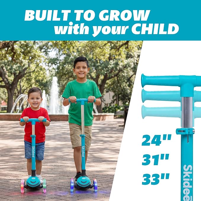SKIDEE Kick Scooter for Kids Ages 3-5 | Foldable 3 Wheel Scooter with Lean-to-Steer, Adjustable Height, Removable Seat & LED Light Wheels | Toddler Scooter Up to 12 Year Old Boys/Girls