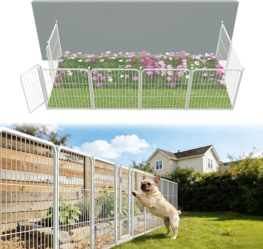 FXW Garden Fence Outdoor for the Yard – 24in(H) x 15.2ft(L) Heavy Duty Metal Animal Barrier for Dog, No Dig Decorative Dog Fence, 8 Panels, White