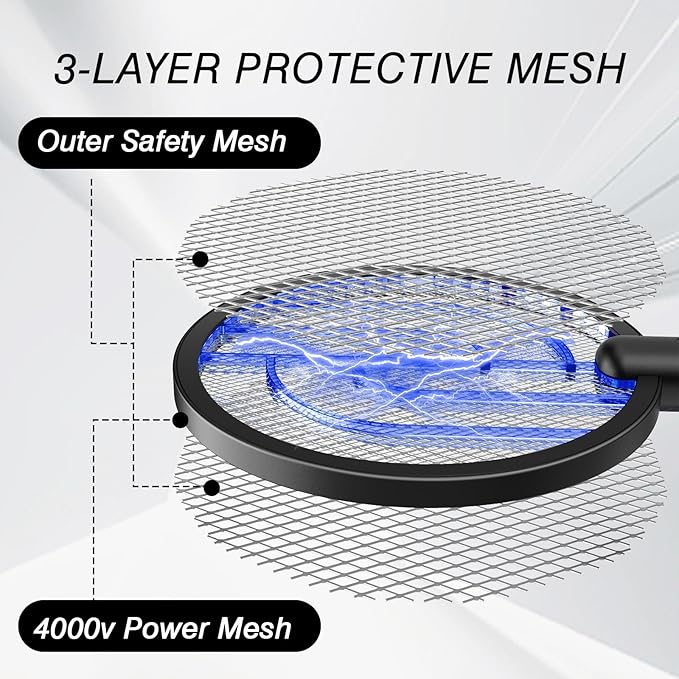 Bug Zapper Racket, 2 Mode Fly Swatter USB Rechargeable, 4000V Electric Fly Zapper with 3 Layer Safety Mesh，Electric Racket for Kitchen, Home, Garden and Outdoors(2 Pack