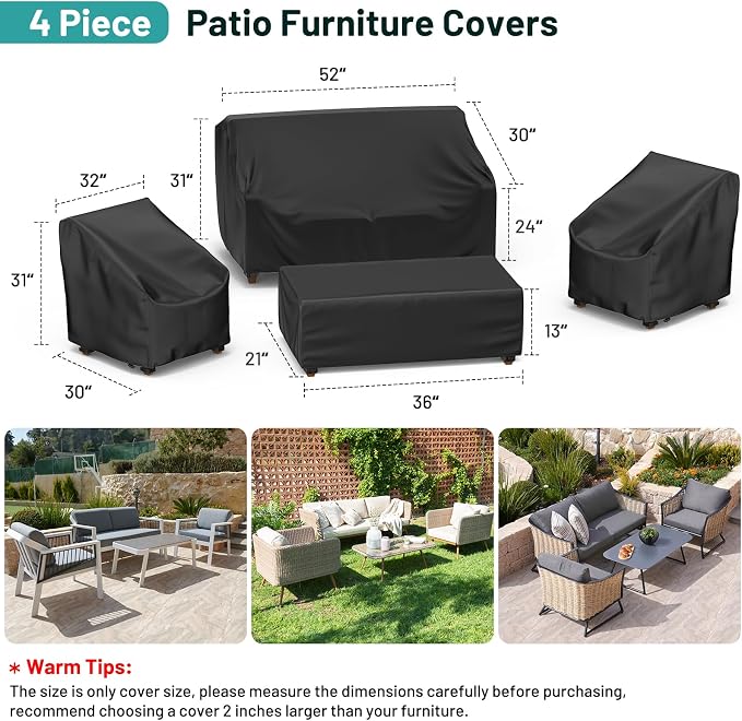 Mrrihand Patio Furniture Covers, 4 Piece Outdoor Furniture Cover Waterproof includ Ourdoor Sofa Cover, 2 Chair Covers, Coffee Table Cover with Windproof Buckle Strap and Adjustable Drawstring