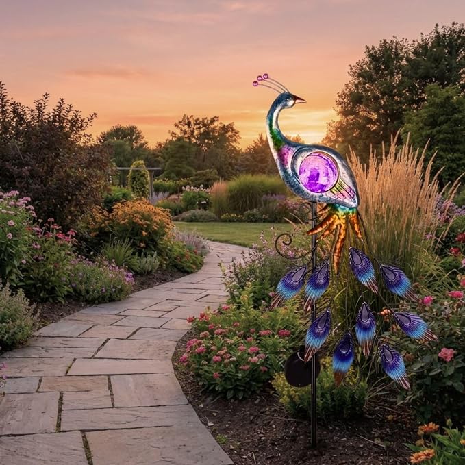 TERESA'S COLLECTIONS Yard Decorations Outdoor & Garden Decor for Outside, Peacock Solar Outdoor Lights, Metal Lawn Ornaments with Crackle Glass Ball, Decorative Stake Gifts for Mom,33''