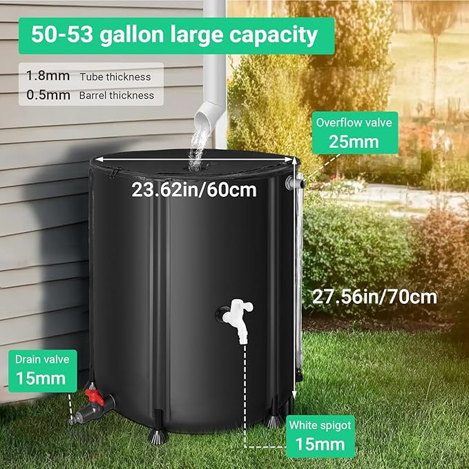 FAMIROSA 50 Gallon / 200L Rain Barrel, Collapsible Rain Barrels to Collect Rainwater from Gutter with Spigots and Overflow, 500D PVC Portable Rain Water Collection Catching System, Water Catcher Tank
