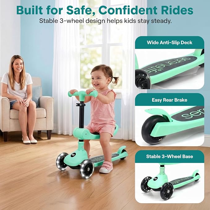 SereneLife 3 Wheel Scooter for Toddlers & Kids, Foldable Seat, LED Wheels, Adjustable Handlebar, Anti-Slip Deck, Rear Foot Brake, Lean-to-Steer, Kid Scooter, Supports up to 110 lbs (Mint Green)