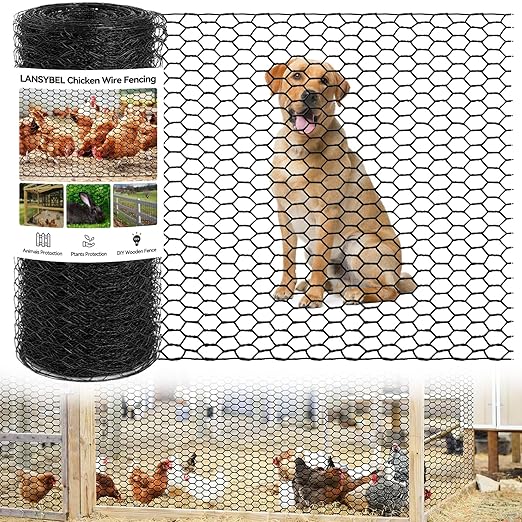 48in x 150ft Chicken Wire, Black Poultry Wire Netting, Hexagonal Galvanized Mesh, Outdoor Anti-Rust Surface Plastic Coating, Garden Fence Animal Barrier for Pet Rabbit Chicken Fencing