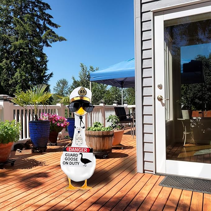 CAMDUCK 4 Pcs Porch Goose Accessories Porch Geese Sign Goose Navy Hat Eyeglasses Necktie Wooden Danger Guard Goose on Duty Warning Sign Geese Outfits Decor for Yard Porch Lawn