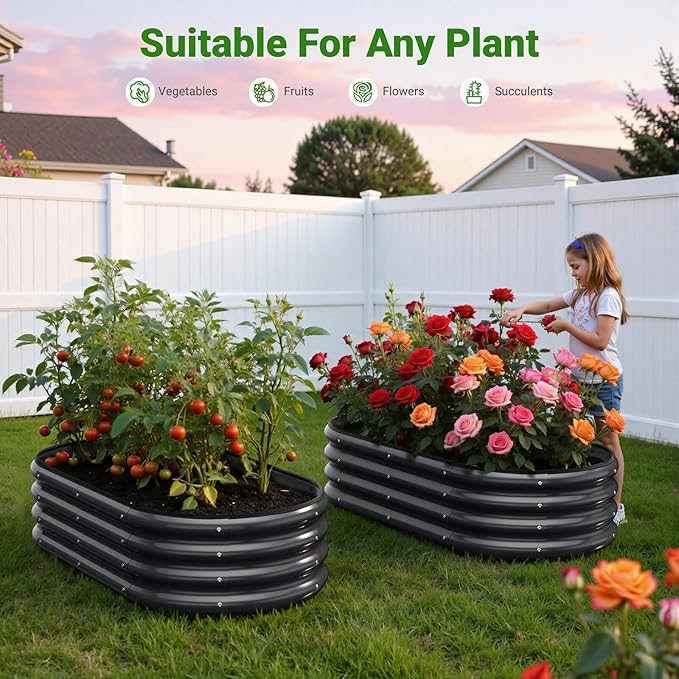 4X2X1 FT Oval Raised Garden Bed, Metal Planter Box for Outdoor Gardening, Easy Assembly Raised Bed for Vegetables, Fruits, Flowers(Dark Gray 1PC)