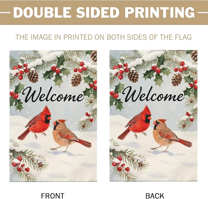 Welcome Winter Garden Flag 12x18 Inch Cardinal Bird Snow Scene Christmas Holiday Seasonal Decorative Yard Flags for Outside Double Sided Outdoor Home Farmhouse Decoration Porch New Year Decor