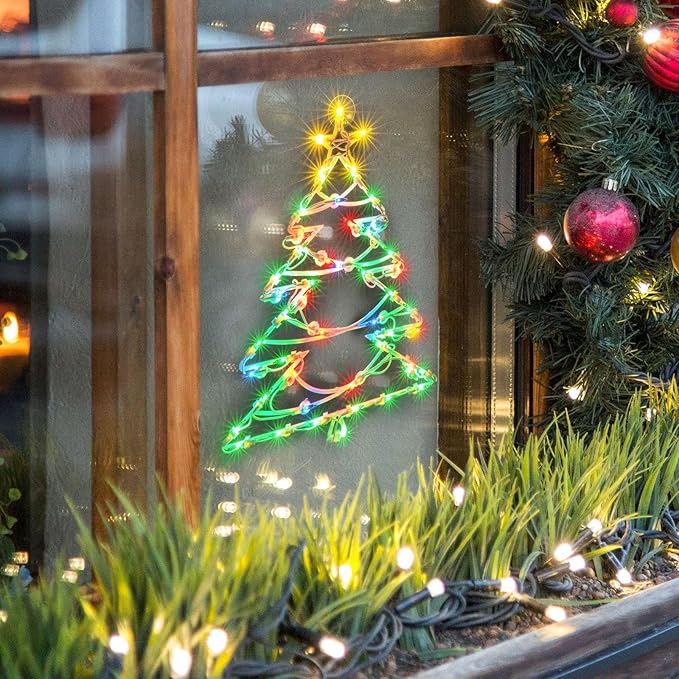 Christmas Window Silhouette Lights, Lighted Christmas Tree Double Sided Decorations with 50 Count Incandescent Mini Light for Holiday Indoor Wall Door Glass Decor
