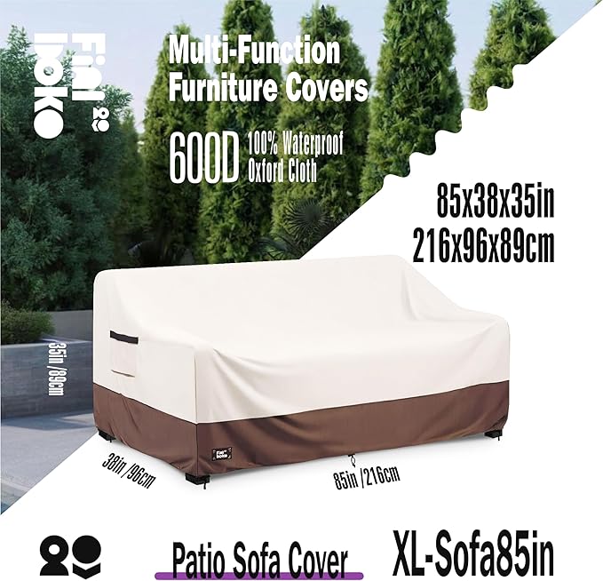 3-Seater Outdoor Sofa Cover, 85Wx38Dx35H inches Outdoor Furniture Covers Waterproof,100% Waterproof Heavy Duty Patio Furniture Covers,Beige&Brown Modern Style Outdoor Couch Cover