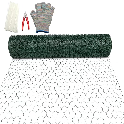 24in×150ft Chicken Wire Roll Hexagonal Netting Galvanized PVC Coated 1in Mesh Garden Poultry Fencing Barrier Animal Plants Hardware Cloth Crafts for/Rabbit/Floral/Chicken Coop/DIY Projects