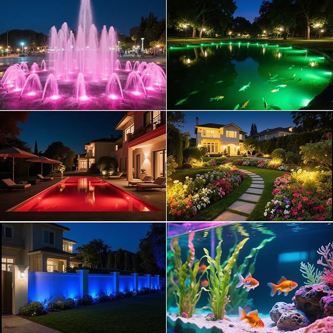 T-SUN Submersible LED Pond Lights, Color Changing Underwater Fountain Lights with Remote Control, IP68 Waterproof Landscope Spotlights for Fish Tank, Garden, Fountain, Pool (3 Heads)