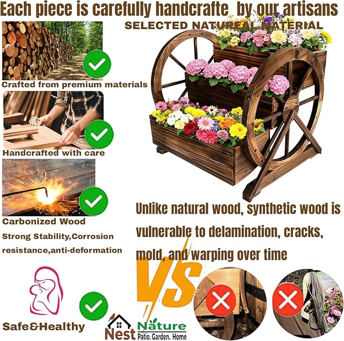 3 Tier Large Wooden Wagon Planter Box|Outdoor Planter/Flower Pot for Indoor&Outdoor Plants-Rustic Garden Planter for Patio,Porch&Garden Decor-Raised Garden Bed for Succulents,Herbs,Vegetables