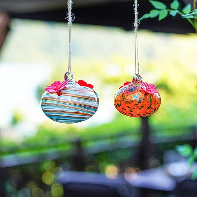 2pcs Blown Glass Hummingbird Feeders for Outdoors 3.2in Hanging Glass Humming Bird Feeders for Window Patio Decor with 2 Flower Feeding Ports