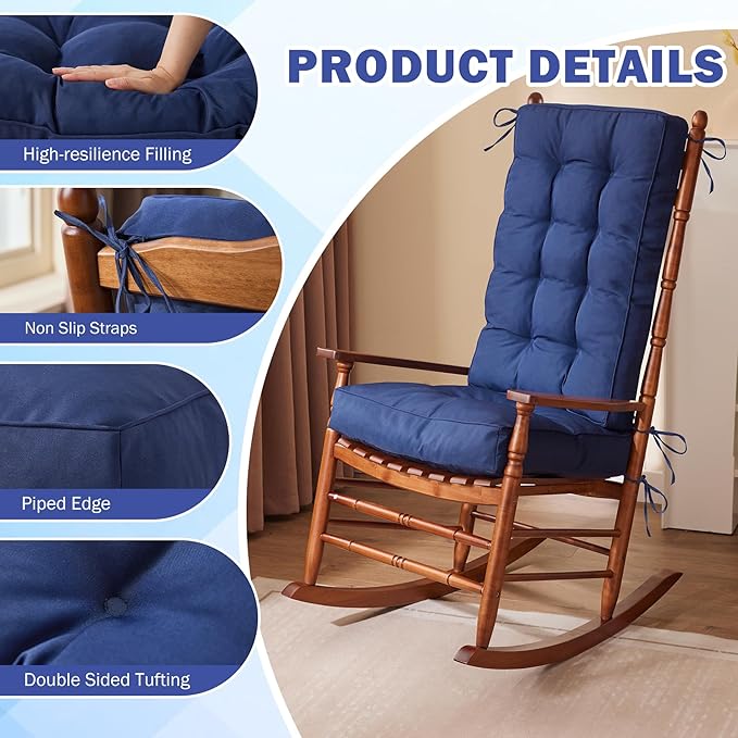 IPYNBAP Rocking Chair Cushion, Waterproof and Fade-Resistant Patio Chair Cushions, Tufted Chair Pads for Rocker Furniture, 18x18 Inch, Indoor/Outdoor Seat Cushions with Ties, Navy Blue