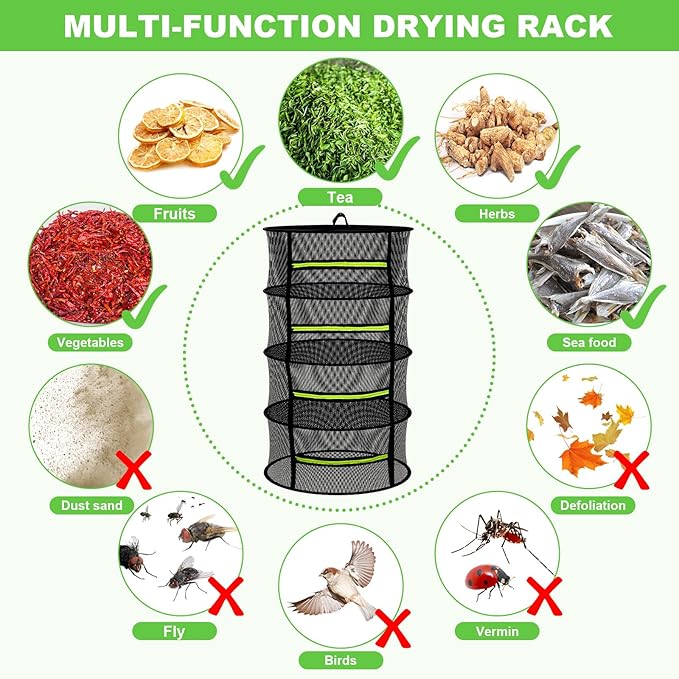 MEKOLIFE Herb Drying Rack with Mesh Design, Hanging Drying Rack with Green Zipper & Garden Pruning Shears – Versatile Plant Drying Solution (6 Layers)