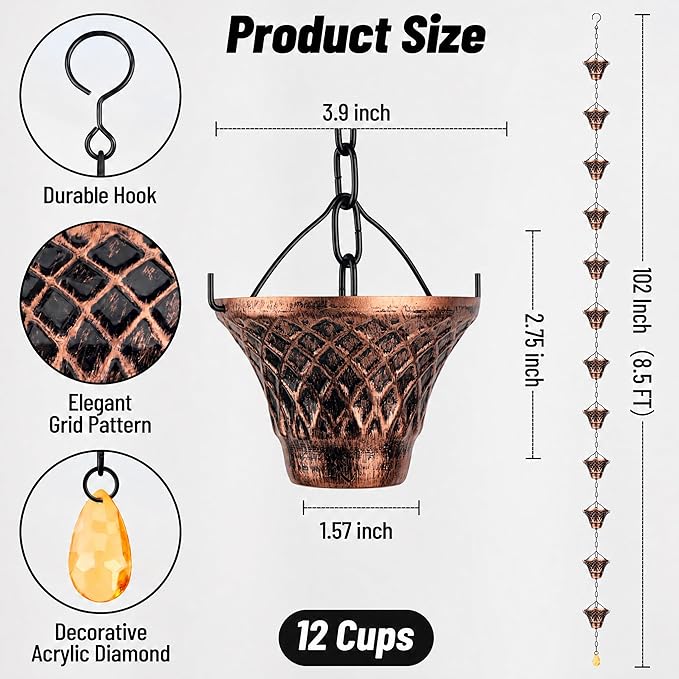 Rain Chains for Gutters Outside 8.5FT Copper Rain Catcher Chain with 12 Cups Decorative Replacement for Downspout