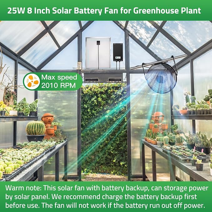 blessny 8" Solar Rechargeable Fan, 25W Solar Powered Floor Fan with 66.6 Wh Battery Backup for Outdoor Greenhouse, Chicken Coop, Pet House Air Circulation Cooling
