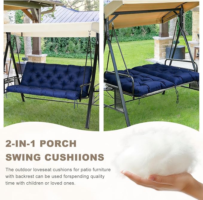 Porch Swing Cushion with Backrest,Waterproof Bench Cushion for Outdoor Furniture,2-3 Seater Replacement Thickened Swing Cushion with Ties,Patio,Outdoor,Backyard and Garden (Navy Blue,60x40)