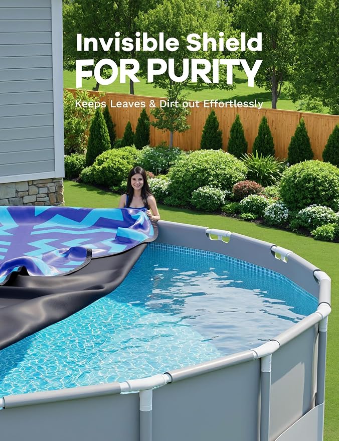 POOLHACKER【2025 Upgrade】 18 ft Winter Pool Cover - 18ft Round Above Ground, 4 Foot Overlap Extra Thick 420D Pool Cover with Pulley and Cable (Cerulean)
