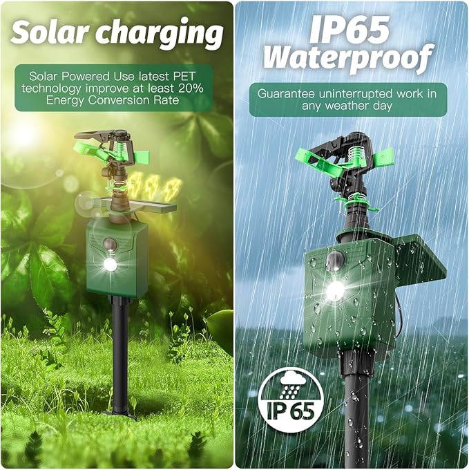 Motion Activated Sprinkler, Solar Animal Repellent Outdoor - 2 Packs Deer Cat Deterrent with Motion Sensor & Flashing Lights, IP65 Waterproof for Yard Garden Lawn Protection (Basic Version)