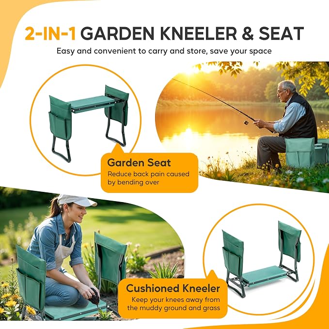 Simple Deluxe Garden Kneeler and Seat, Foldable Kneeling Stool with Thicker EVA Foam Pad, Heavy Duty Bench with Tool Pouch, Gifts for Outdoor Gardening, Fishing, Green, Arbor Day Gift