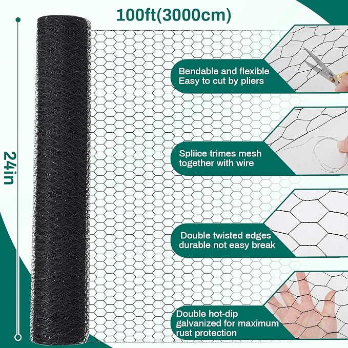 GlikCeil 24 in x 200 ft Chicken Wire Fencing Metal Floral Chicken Wire Mesh for Crafts Poultry Garden, 1 Inch Hexagonal Galvanized Hardware Cloth Netting for Poultry Coop Barrier Rabbit Cage(Black)