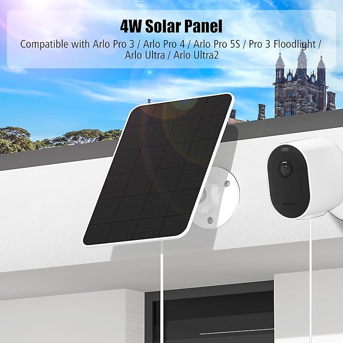 Solar Panel Charger Compatible with Arlo Pro 3/Pro 4/Pro 5S/Pro 3 Floodlight/Ultra/Ultra2 Camera,5V 4W Solar Panels Charging,IP66 Weatherproof,w/9.8ft Charging Cable,Adjustable Wall Mount(1 Pack)