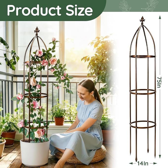 6.3Ft 100% Metal Garden Obelisk Trellis for Climbing Plants Outdoor, Rose Trellis for Potted Plants, Sturdy Garden Trellis for Climbing Vines, Vegetables, Flowers Stands, 1 Pack