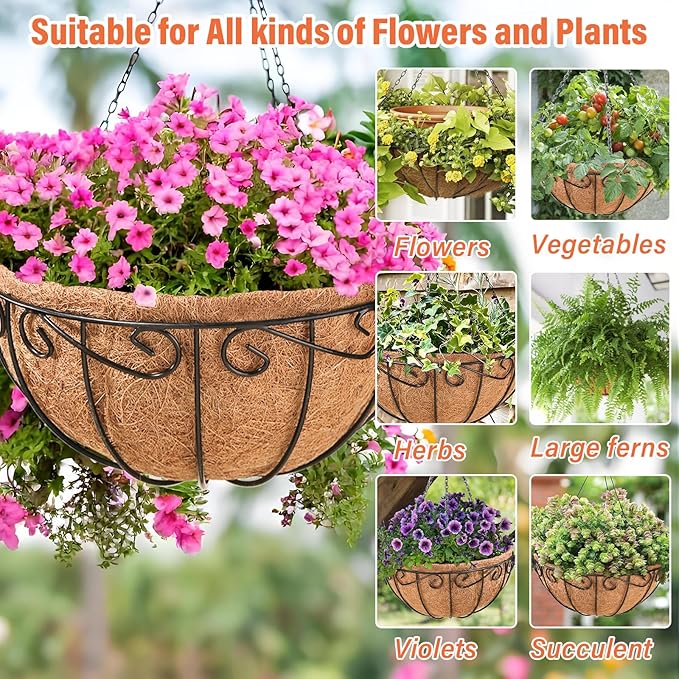 Legigo 3 Pack 10 Inch Metal Hanging Baskets for Plants Outdoor- Round Wire Hanging Planters Basket with Coconut Coir Liner, Hanging Flower Pot for Outdoor Plants Flowers Garden Decorations