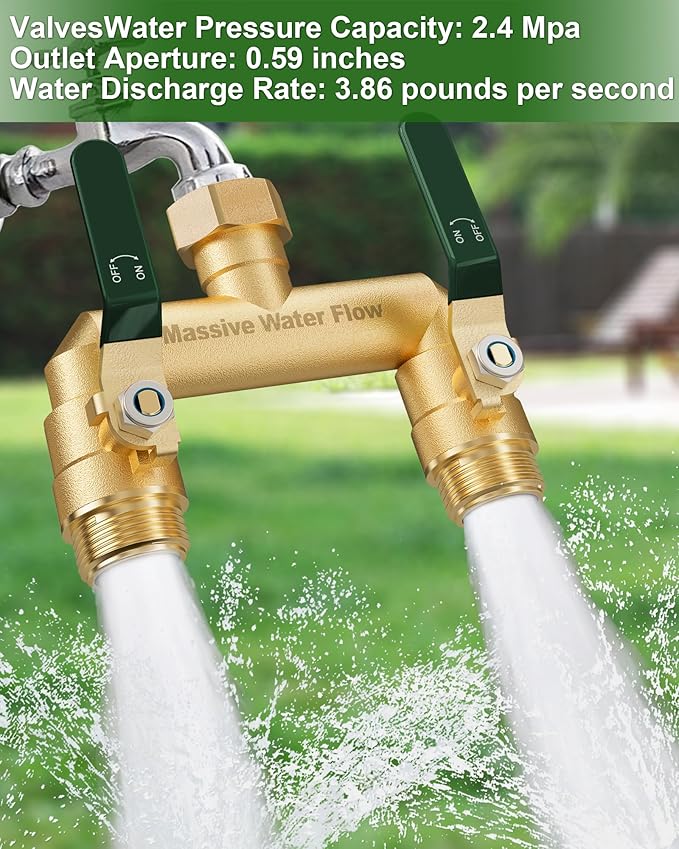 Hose Splitter 2 Way Heavy Duty, Full Flow Garden Hose Splitter with 2 Long Metal Handles, Brass Rust and Freeze Resistant Water Hose Bib Splitter, T Adapter Connector with 3/4 - Inch GHT Thread（Green）