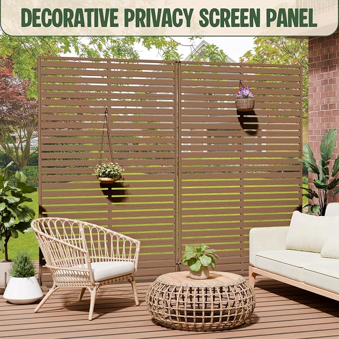 Outdoor Privacy Screen Panel 72" Freestanding Privacy Fence with Stand, HDPE Decorative Privacy Screens with Louvered 6 Panels, Weather-Resistant Panel Fence for Patio, Balcony,Pool, Brown