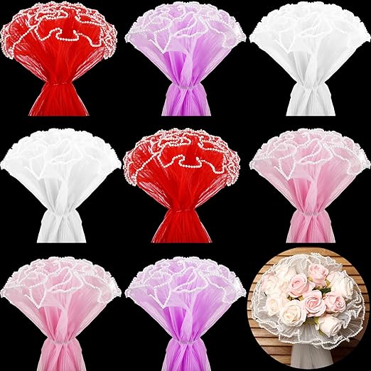Gilprop 8 Pcs Flower Wrapping Mesh Paper, 11 Inch x 4 Yard Wavy Pearl Edge Wrinkled Flower Packaging Mesh, Florist Supplies for Teacher Mother's Day Gifts (Red,Pink,White,Purple)