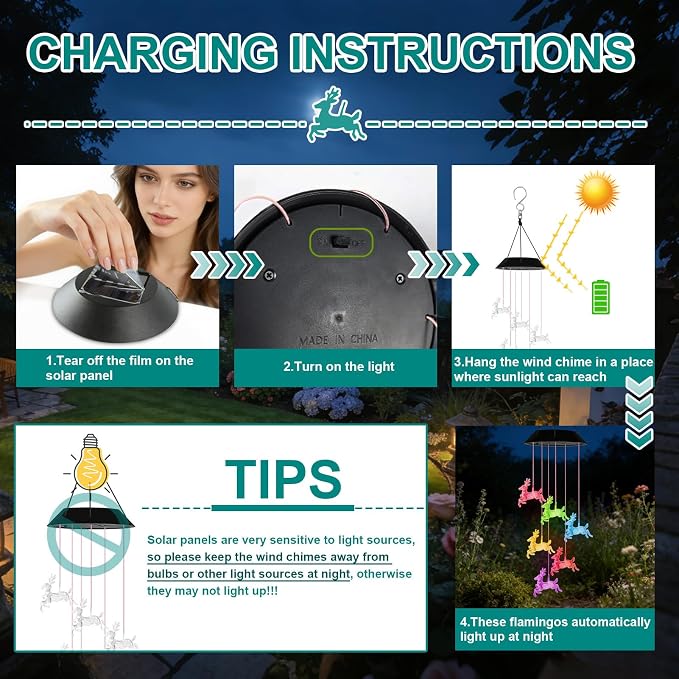 7-Color Light Changing Deer Solar Lights for Outside, Solar Lights Gifts for Father's Day, Solar Deer Wind Chimes Gifts for Women, Mom, Grandma, Garden Yard Lawn Outdoor Decor Mobiles