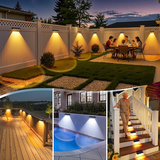 ShineTech Solar Fence Lights Outdoor Waterproof, 3-Color Lighting Modes LED Solar Powered Deck Lights, Outdoor Step Lights for Railing, Patio, Wall, Backyard (6 Packs)