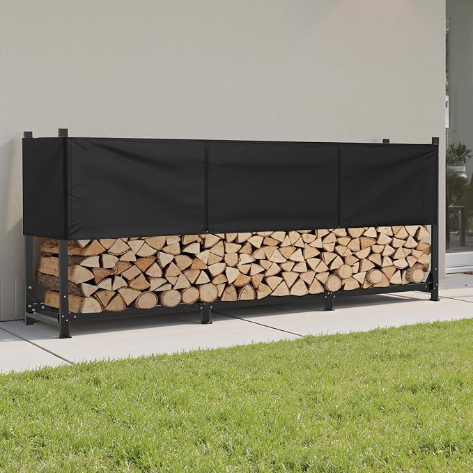 Heavy Duty 10ft Firewood Rack with Cover Outdoor, 5/8 Cord Capacity Log Holder Sturdy Steel Construction, All-Weather Black Powder Coat Wood Storage Organizer for Indoor&Outdoor Use, Black