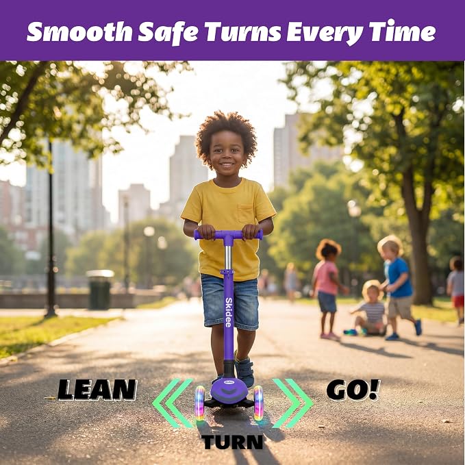 SKIDEE Kick Scooter for Kids Ages 3-5 | Foldable 3 Wheel Scooter with Lean-to-Steer, Adjustable Height, Removable Seat & LED Light Wheels | Toddler Scooter Up to 12 Year Old Boys/Girls