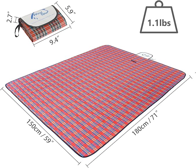 Wind Tour Waterproof Picnic Blanket with Carry Strap - Foldable Sandproof Outdoor Mat for Camping, Beach, Park - 59" x 71",Red (Single Mat)