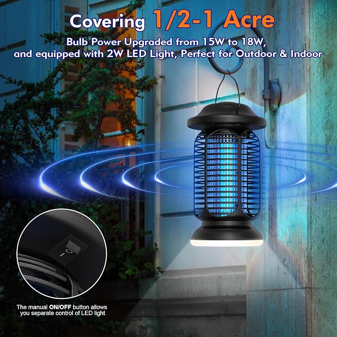 Bug Zapper Outdoor Indoor, Electric Fly Zapper Waterproof with LED Light, 18W Power & 4000V High-Voltage, Coverage Area of 1/2-1 Acre, 5.5ft Cord, Plug-in Mosquito Trap for Patio Backyard Garden