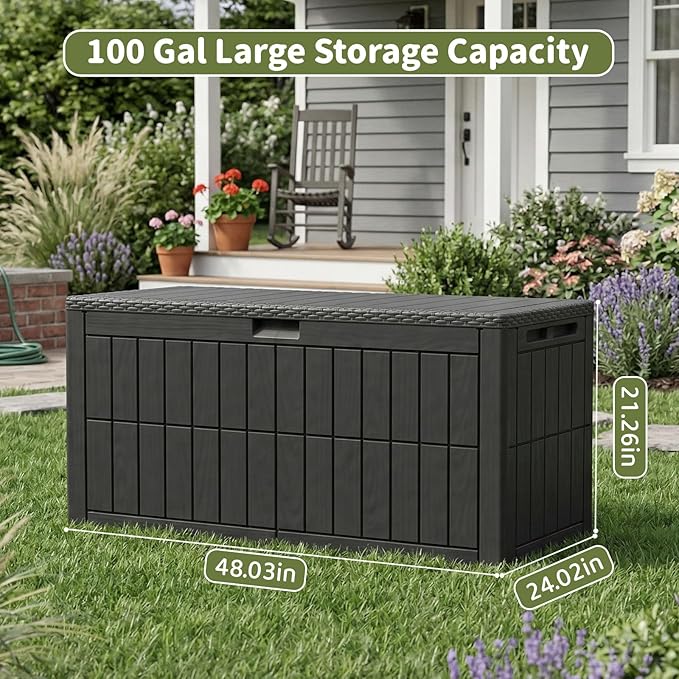 100 Gallon Outdoor Storage Box, Waterproof Lockable Resin Deck Box with Seat, Patio Furniture Cushion Storage, Garden Tool Organizer & Pool Toy Box, Black