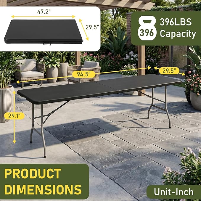 BestOffice 8 FT Picnic Table Plastic Camping Table Portable Square Height Folding Table Perfect for Picnics, Parties, Party and Camping, Black
