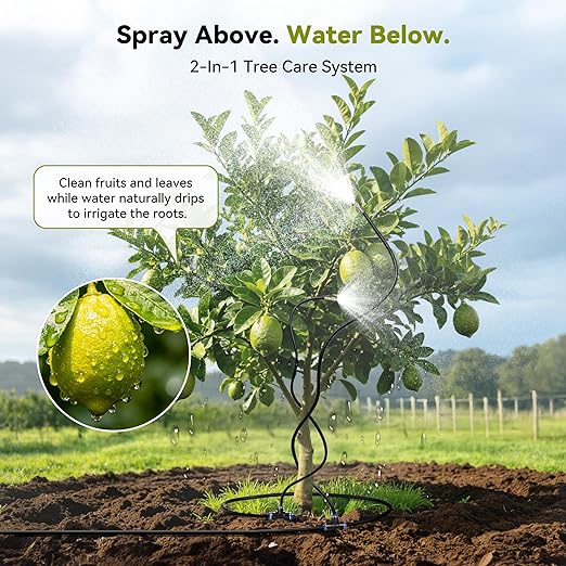 High-Flow Tree Irrigation System, 15FT 12mm Hose & 2Pcs 6.5FT Adjustable Nozzles, for Tree Roots & Canopies Irrigation, Leaf & Fruit Cleaning, Ideal for Fruit Trees & Ornamental Trees